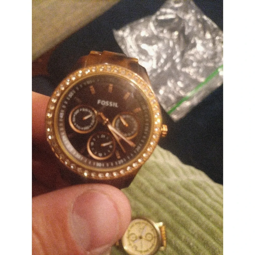 Lot of 2 Women's Fossil Watches Gold Chronograph ES2197 & Tortoise Shell ES2795